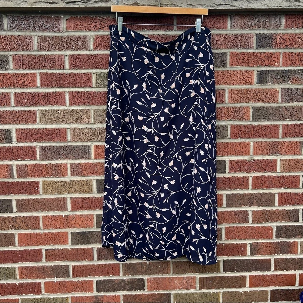 Navy Blue and Beige Ivy Floral High Rise Slip Midi Skirt