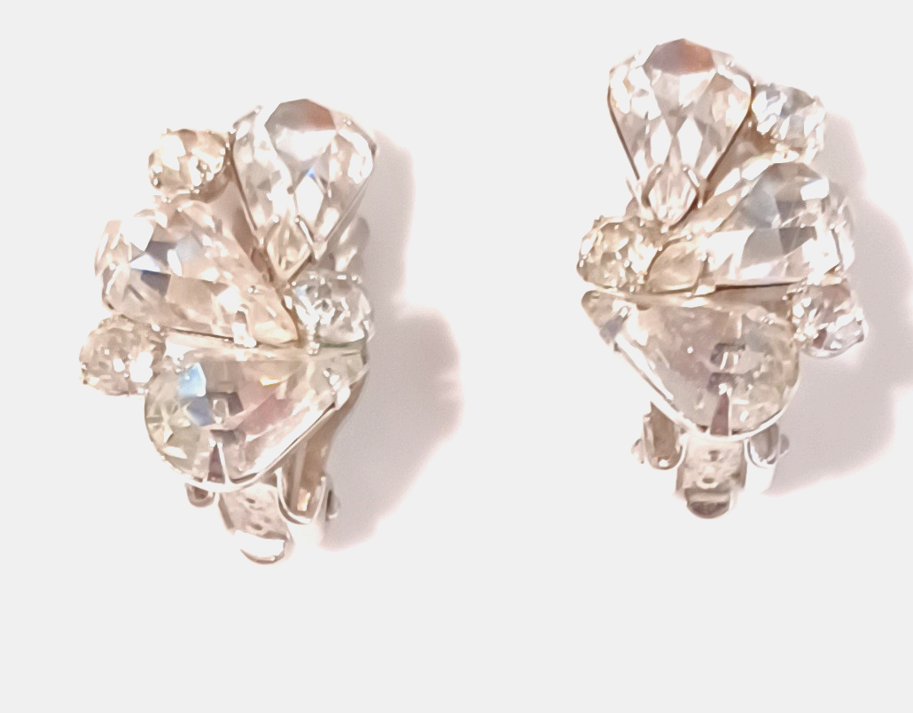 Vintage Hope Chest Crystal Earrings Clip On Clear Colorless Stones Silver Tone