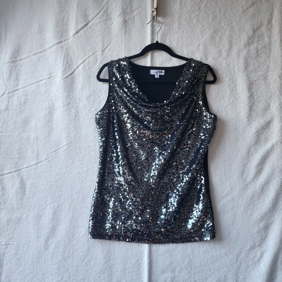 Camiseta sin mangas Calvin Klein negra lentejuelas talla PEQUEÑA cóctel fiesta Foto 3 de 4