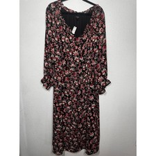 Talbots Midi Dress Red Black V-Neck Floral Ruffled Pullover Long Sleeve Sz 3X