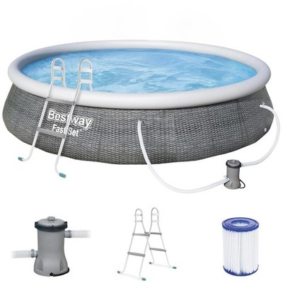 396x84 Rund Pool Swimmingpool Rattan Optik + Leiter Filterpumpe BESTWAY Fast Set