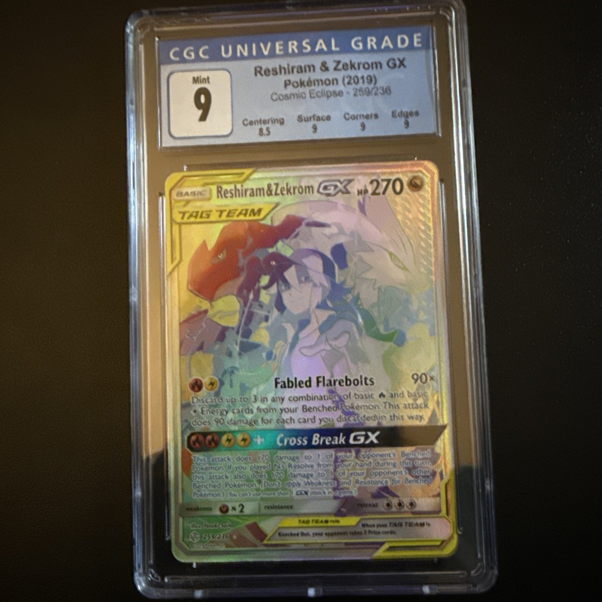 CGC 9 Reshiram & Zekrom GX 259/236 Rainbow Cosmic Eclipse Pokémon
