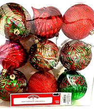 Holiday Time Shatterproof Christmas Tree Ornaments 9 Pc Red Green Glitter 4 in
