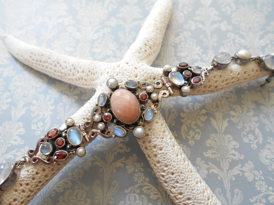 Oxidized Sterling Silver Nicky Butler Moonstone Garnet 8" Bracelet     6268 - Image 2 of 4