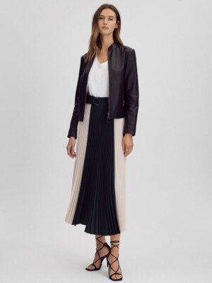REISS Ava Colourblock Pleated Midi Skirt in Navy/Nude Australia