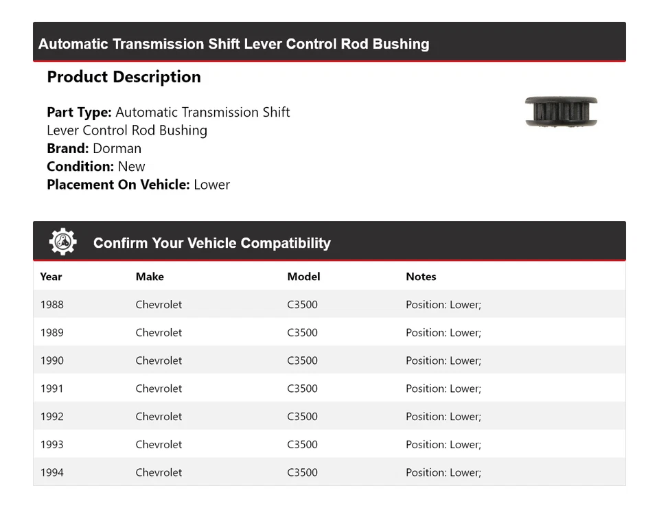 Buje inferior de varilla de control de palanca de cambios para Chevrolet C3500 Dorman AT 1988-1994 Foto 2 de 4