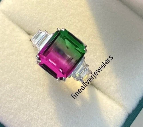 Watermelon Tourmaline Ring Doublet Quartz Silver Emerald Cut Ring ALL SIZE