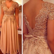 V Neck Mother Of The Bride Dresses For Wedding Short Sleeve Beaded Evening Gowns