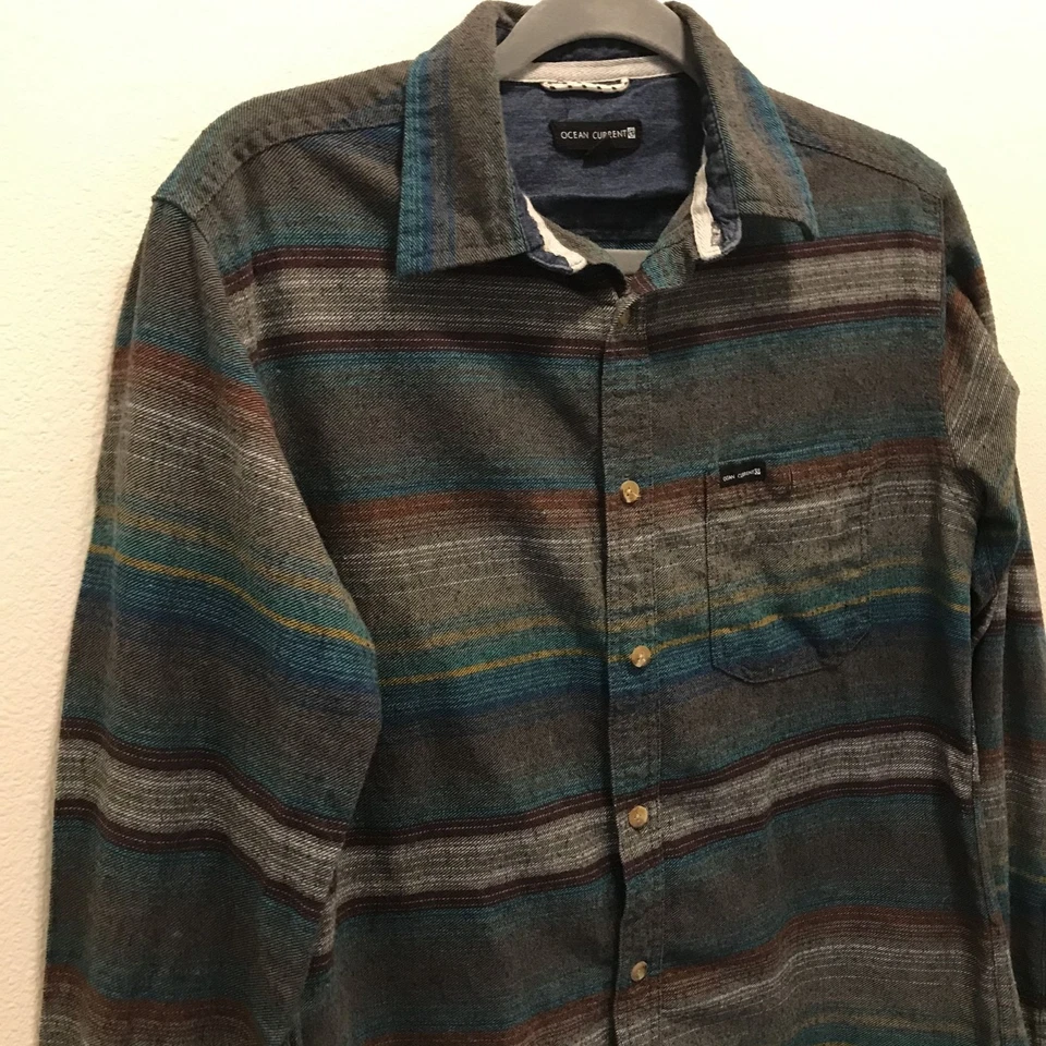 Ocean Current 男式条纹编织纽扣衬衫 S 码冲浪风格沿海 — 第 3/4 张图片