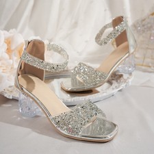 Women's Clear Chunky Heel Ankle Strap Sandals Glitter Dress Shoes for Wedding