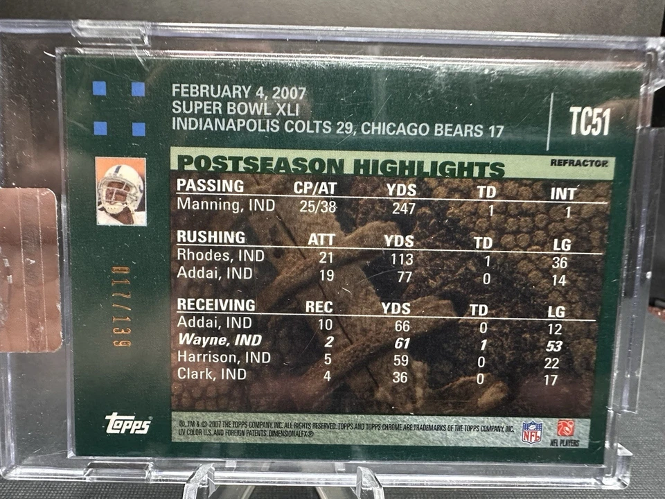 Topps 2007 cromo sin circular refractor rojo Reggie Wayne TC51/139 Colts Miami Foto 2 de 3