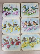 ​Set of 6 Bird Placemats Cork Backed Floral Birds Retro Table Vintage Kitsch
