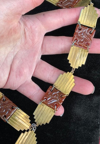 Art Deco antique Molded Czech glass gilt Brass necklace antique jewelry - Picture 18 of 24