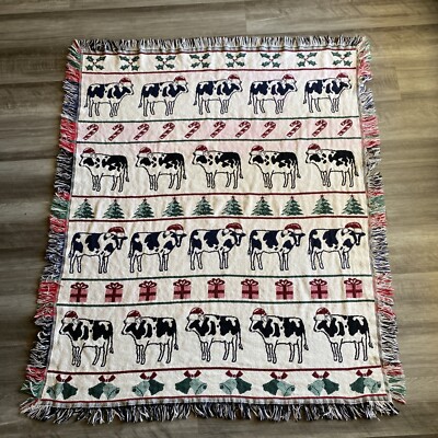 Crown Crafts Pat Meyers Cow Christmas Cotton Woven Throw Blanket Tapestry