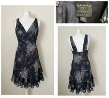 Kate Moss Topshop UK 8 Navy Blue Pink Green Chiffon Floral Tiered Tea Dress