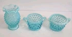 Set of 3 Fenton Blue Opalescent Hobnail Glass Ruffled Vase & Sugar & Creamer Set
