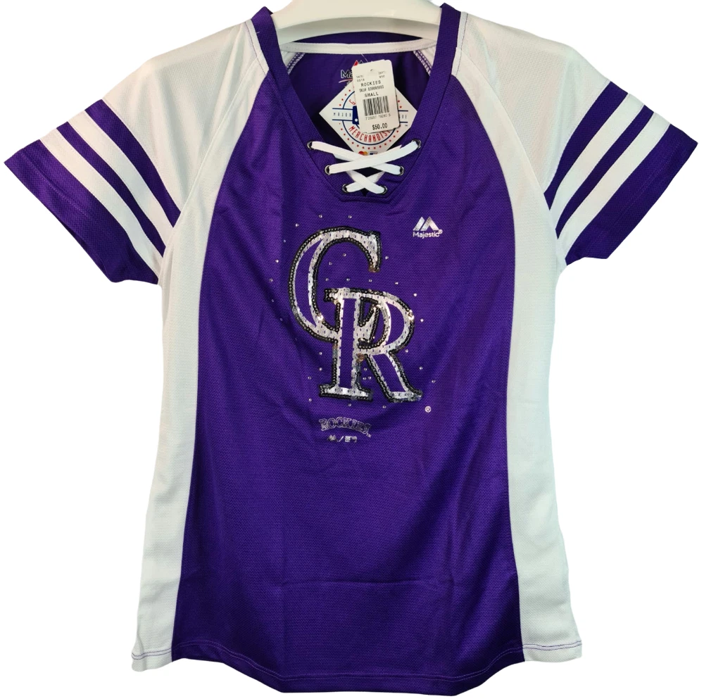Majestic Athletic Women s Colorado Rockies Draft Me T Shirt SMALL PURPLE WHITE