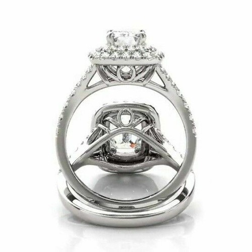 Halo White Emerald Cut CZ 1.75 CT Dubal Anniversary Ring Set 925 Sterling Silver - Bild 3 von 6
