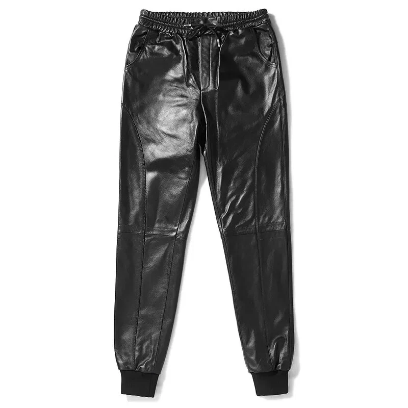 Men's Black Real Leather Joggers Pant Relax Fit pockets Drawstrings Waist Custom