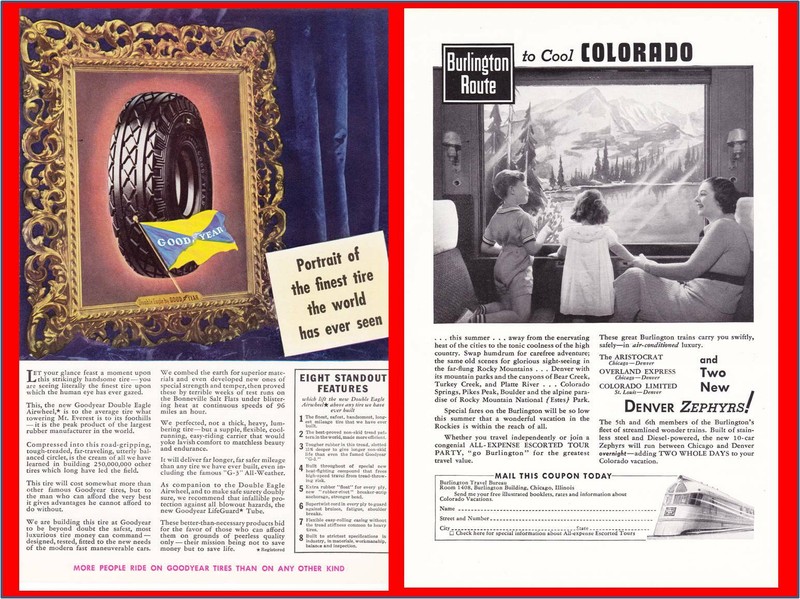 1936 Goodyear Double Eagle Tires - Denver Zephyr Burlington Railroad Print Ad