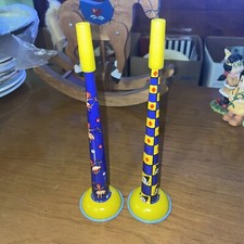 2 Vintage metal toy noise maker tin horns, Dancers, Clowns Colorful graphics