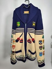 1950s Cowichan Hand Knit 100 Botany Wool "Canadian Rare Patches" Zip Sweater L