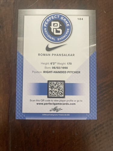 ROMAN PHANSALKAR 2016 LEAF "PERFECT GAME SHOWCASE ALL-AMERICAN ROOKIE CARD #184! - Picture 8 of 8
