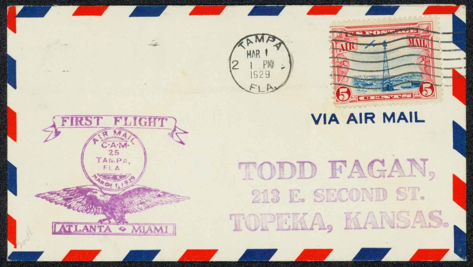 1929 FIRST FLIGHT Cash special Department store price TAMPA FL TO FRANKING TOPEKA KS ESP#109 C11 -