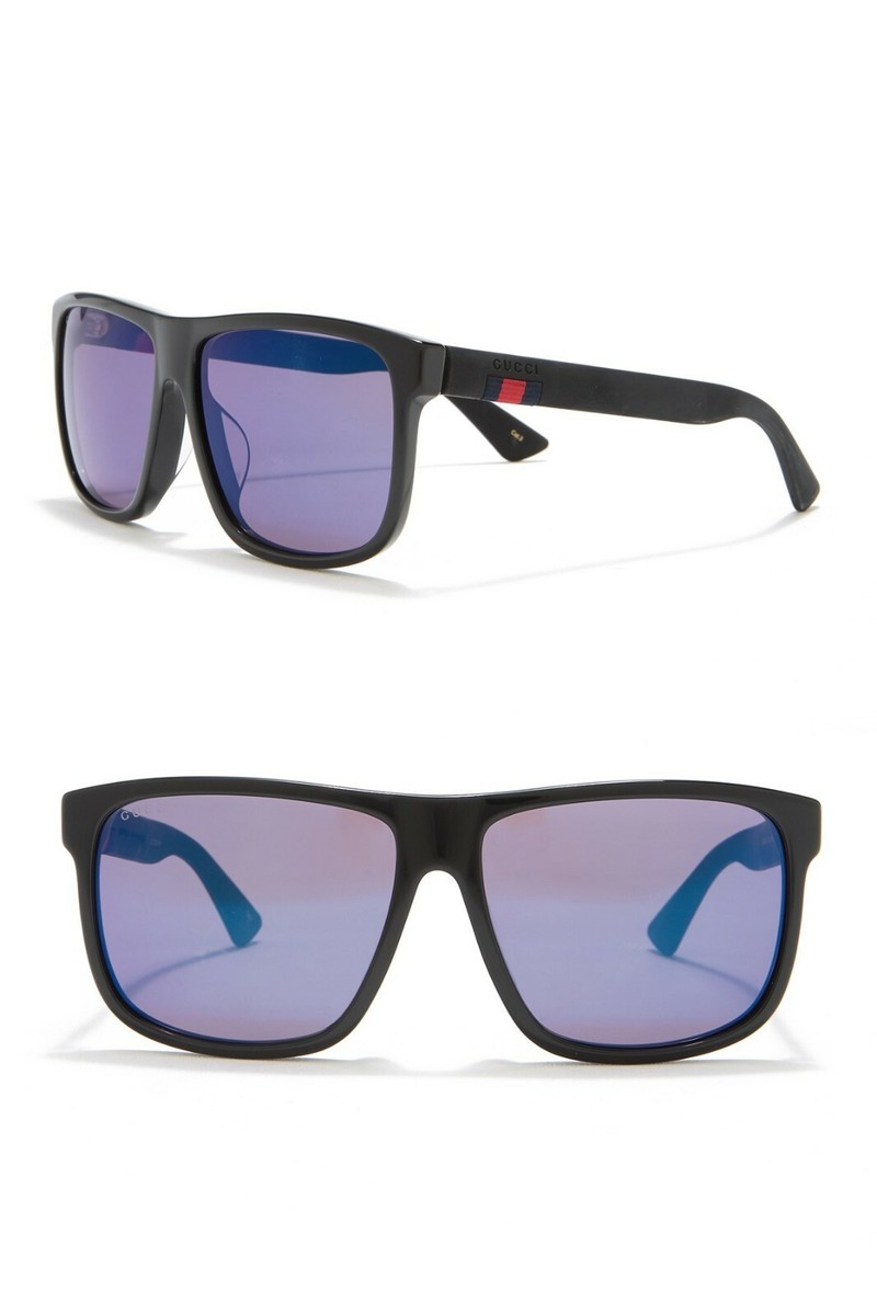 GUCCI GG0010SA Shiny Black Rectangle Frame Blue Mirror Lens
