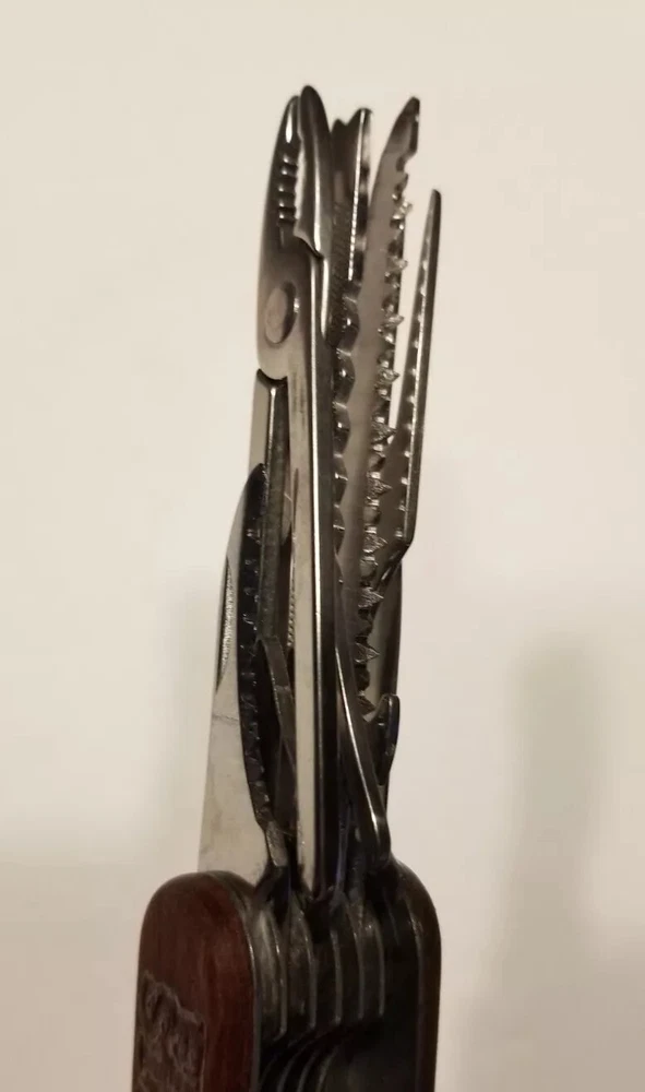 Multi-Tool Knife Wooden Handle Folding Blade Pliers Saw Scissors Field & Stream