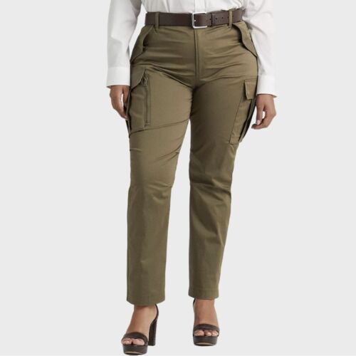 Pantalones cargo Lauren Ralph Lauren algodón satén pierna recta verde oliva nuevos con etiquetas - Imagen 1 de 9
