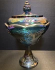 BLUE IRIDESCENT CARNIVAL INDIANA GLASS PEDESTAL COMPOTE W/LID HARVEST GRAPE VNTG
