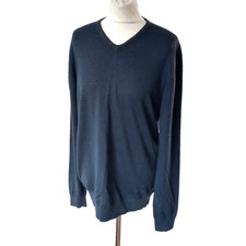 Howick Men's V-Neck Jumper Size L Large Merino Wool 100 Blue