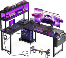 L Shaped Desk Gaming Desk with LED Light  Power Outlet, 53 Inch Reversible L Sh