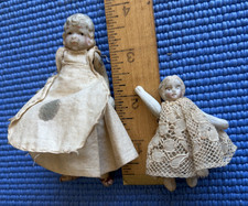 Pair Antique German Bisque Dolls -Fully Jointed Arms & Legs -Clothes 4" & 2"