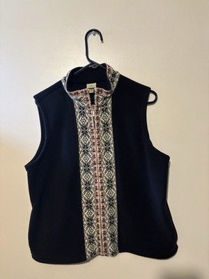 L.L.Bean Fleece Vest Womens XL Black Nordic Fair Isle Full Zip Pockets Snowflake