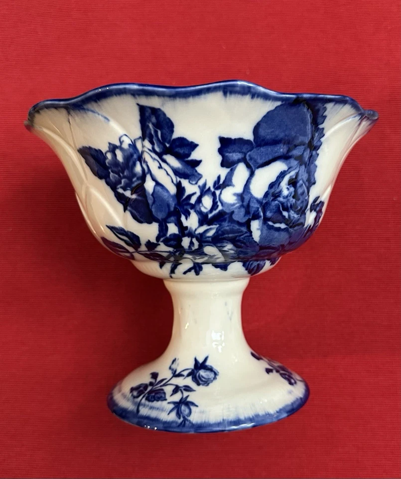 Antiga tigela inglesa de pedestal de pedra de ferro Staffordshire azul transferware c. 1890 - Imagem 3 de 4