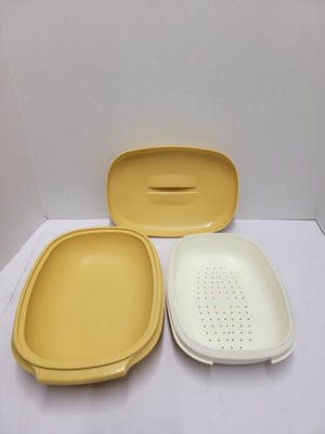 Vintage Tupperware Microwave Vegetable Rice Steamer 3 Piece Harvest Gold #1273-4