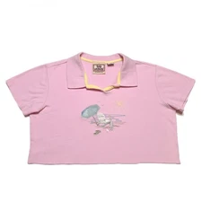 Top Stitch by Morning Sun Beach Embroidered Polo Shirt Cropped Pink Womens M 90s