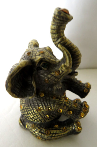 Elephant Brass Trinket Box Vtg Figurine Gold Rhinestones Jeweled Lucky Trunk