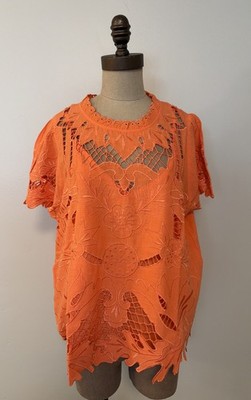 NWT Sundance Catalog Women s Orange Coral Short Sleeve  Ayre Lace Top  Size XL