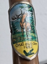 Antico bastone da trekking alpino - manico storto 13 distintivi metallo Austria - Svizzera