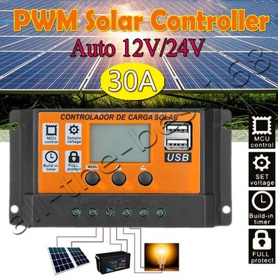 30A PWM Solar Laderegler 12V/24V DC Regulator Battery Charger LCD Dual USB Port