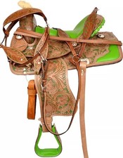ME - Handcrafted Western Leather Horse Saddle Floral Tooled Green Seat