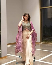 Indo Western Crop Top Draped Skirt Saree Set Heavy Embroidered Jacket Cape Suit
