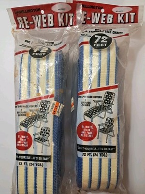 2-Wellington Re-Web Kit 72 ft Creme Blue Stripe Lawn Chair Vintage NOS MCM 