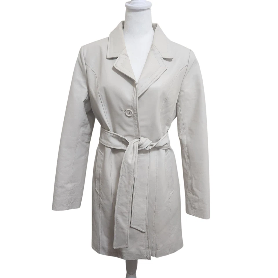 Chaqueta Metro Estilo Cuero Genuino Marfil Crema Mujer 12 Cinturón Envoltura Foto 4 de 4