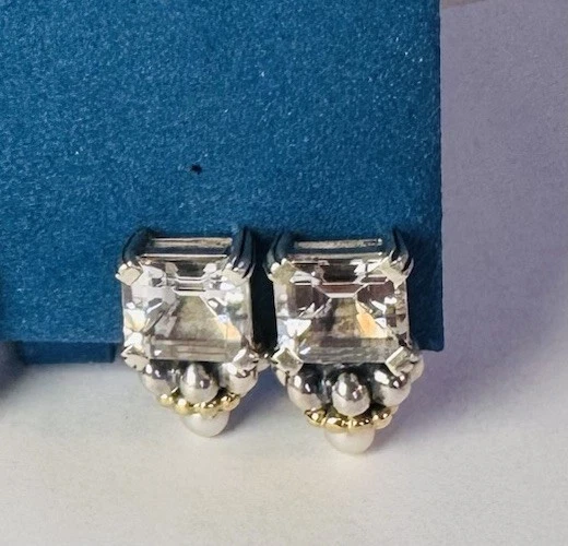 Pendientes Lrg Lagos Caviar Corte Esmeralda Topacio Blanco Perla Plata de Ley Oro 18k Foto 2 de 3