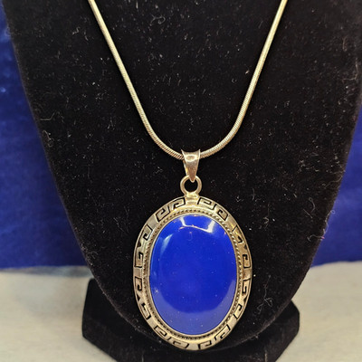 Sterling Silver Greek Key Pendant w/ Resin Lapis, Gold Flecks, 20'' Snake Chain