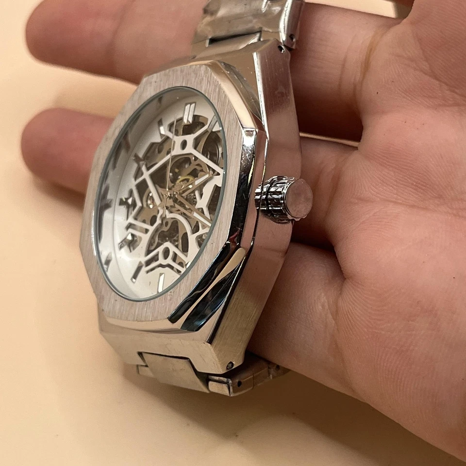 Unbranded Mens Automatic Skeleton Watch Stainless Steel Silver 1M344 Octagon - Image 4 of 4